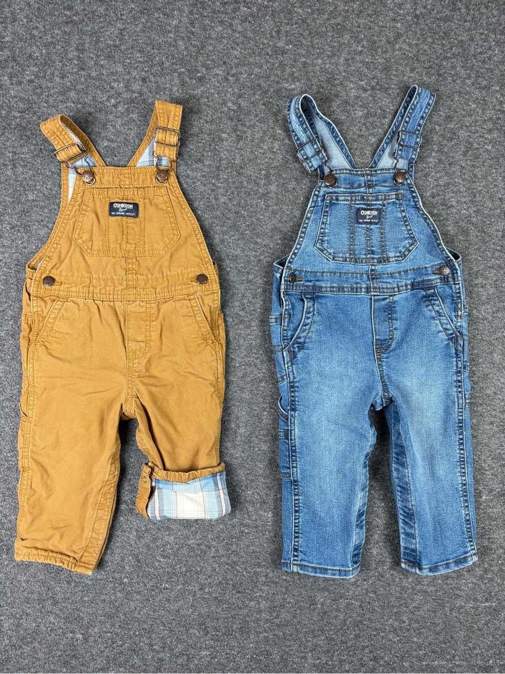 ⁠Bundle OshKosh B'Gosh Boys 18M Denim & Tan Canvas Flannel Lined Overalls Lot 2